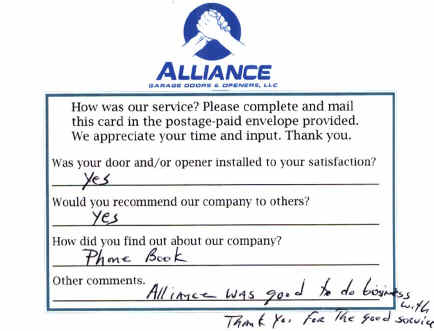 Alliance Garage Doors & Openers' Customer Response