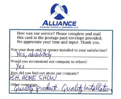 Alliance Garage Doors & Openers' Customer Response