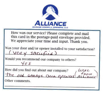 Alliance Garage Doors & Openers' Customer Response