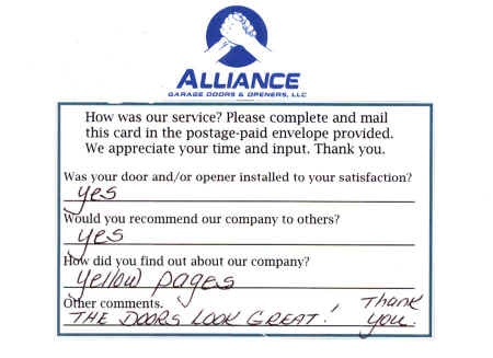 Alliance Garage Doors & Openers' Customer Response