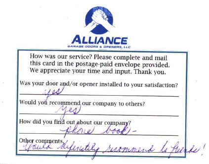 Alliance Garage Doors & Openers' Customer Response