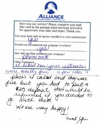 Alliance Garage Doors & Openers' Customer Response