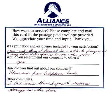 Alliance Garage Doors & Openers' Customer Response