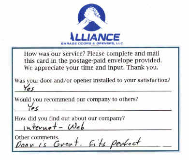 Alliance Garage Doors & Openers' Customer Response